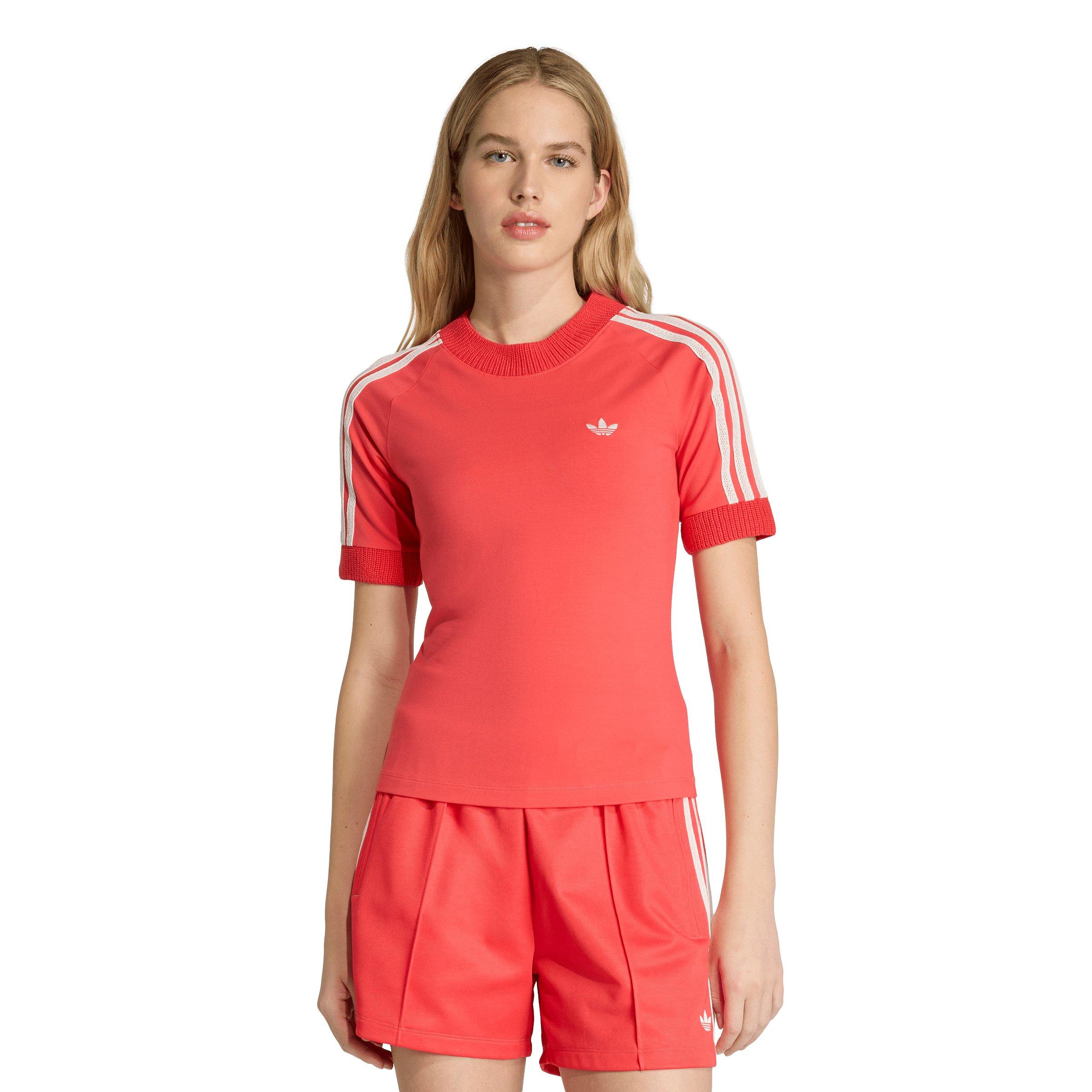 adidas Originals Women's Knitted Crochet Detailed Cali T-Shirt - Red - RED